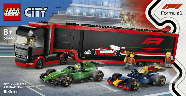 Lego F1-lastbil med RB20 og AMR24 F1-biler 60445