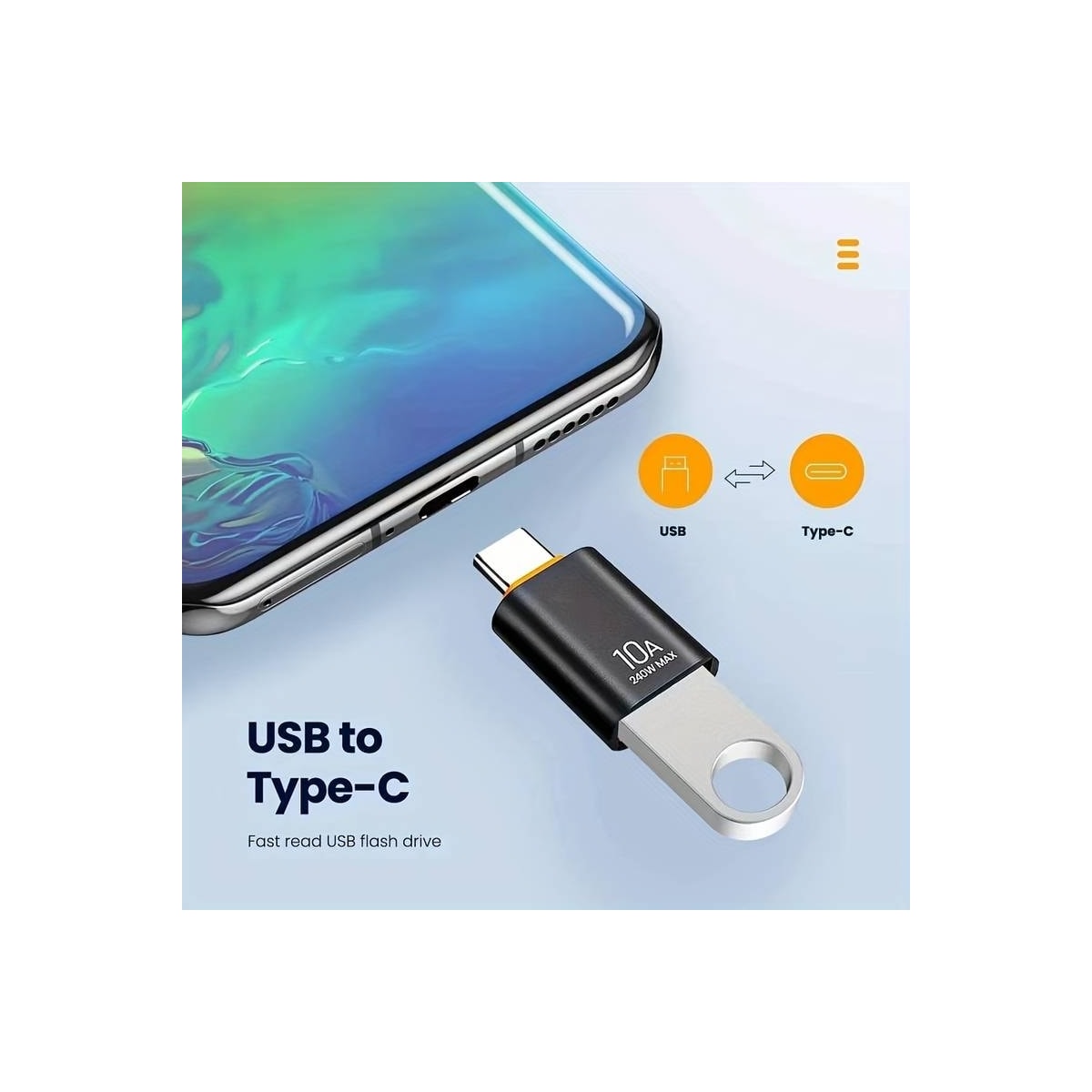 NÖRDIC USB-A 3.1 OTG hunn- til USB C-hannadapter, USB-C-adapter for synkronisering og lading, aluminium oransje