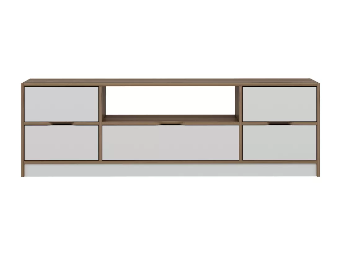 Meuble TV avec 3 portes, 2 tiroirs et 1 niche - Blanc et Naturel - MELINYA
