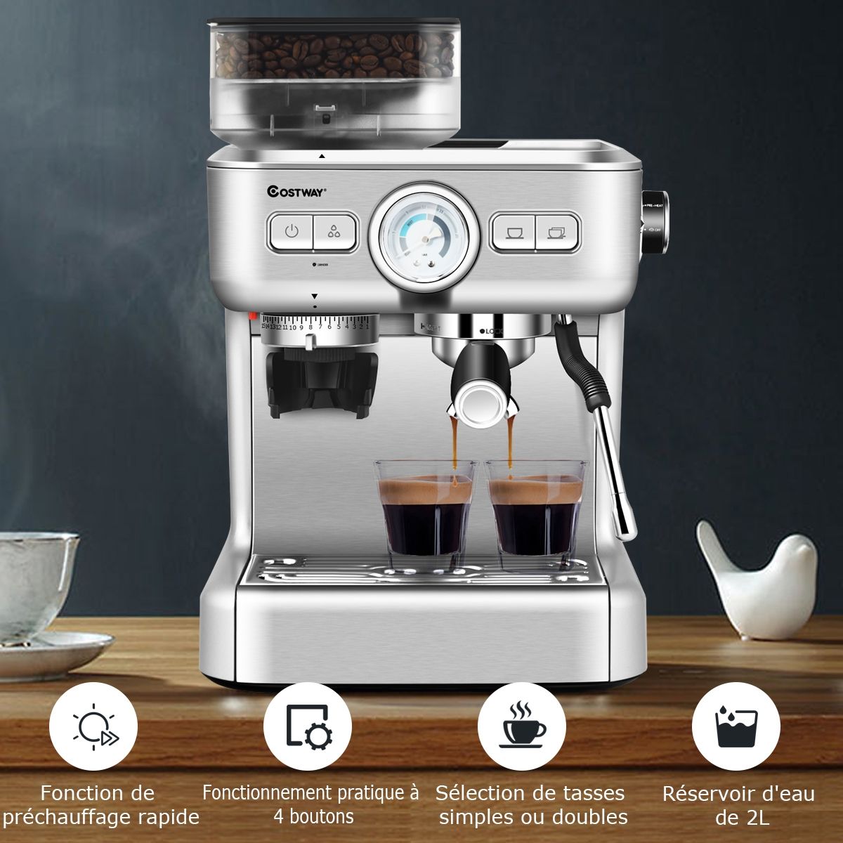 Machine à Café Automatique avec Broyeur à Grains 1350W 30 Niveaux de Poudre de Café Réglables Température Réglable - Lidl-Manfred