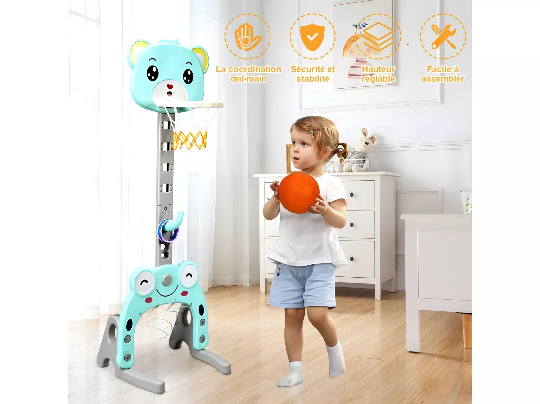 Support de Basket Multifonctionnel pour Enfant avec Panier de Basket-Ball Réglable, But de Football et Anneau à Lance, Basket-Ball et Football Inclus, Hauteur Ajustable Entre 133cm et 158cm