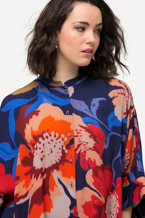 Bluse, Blüten, Oversized, Rundhals, Halbarm