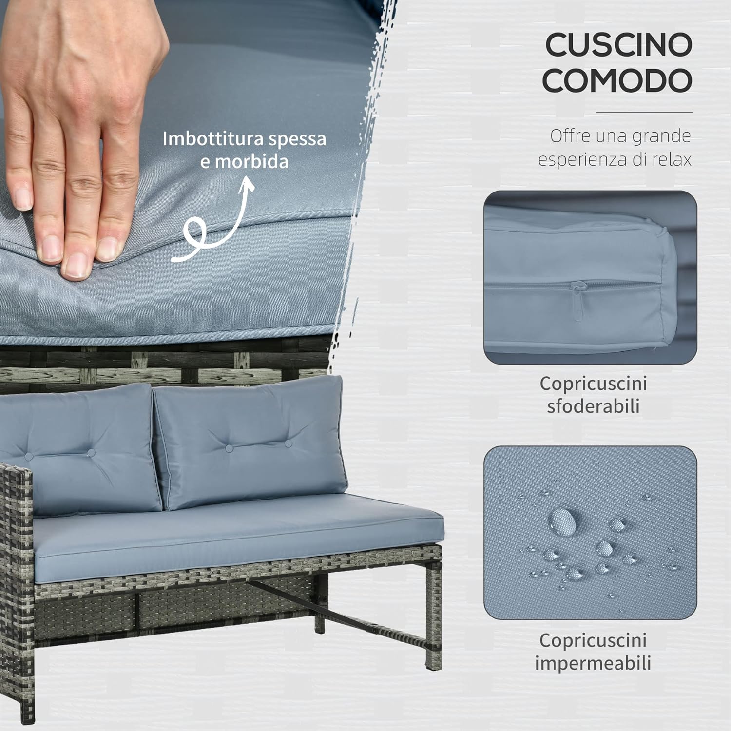 Outsunny Garden Lounge mit 2-Sitzer-Sofa, Chaise Longue und Couchtisch, PE Rattan und Glas Garten-Set mit Kissen, Grau