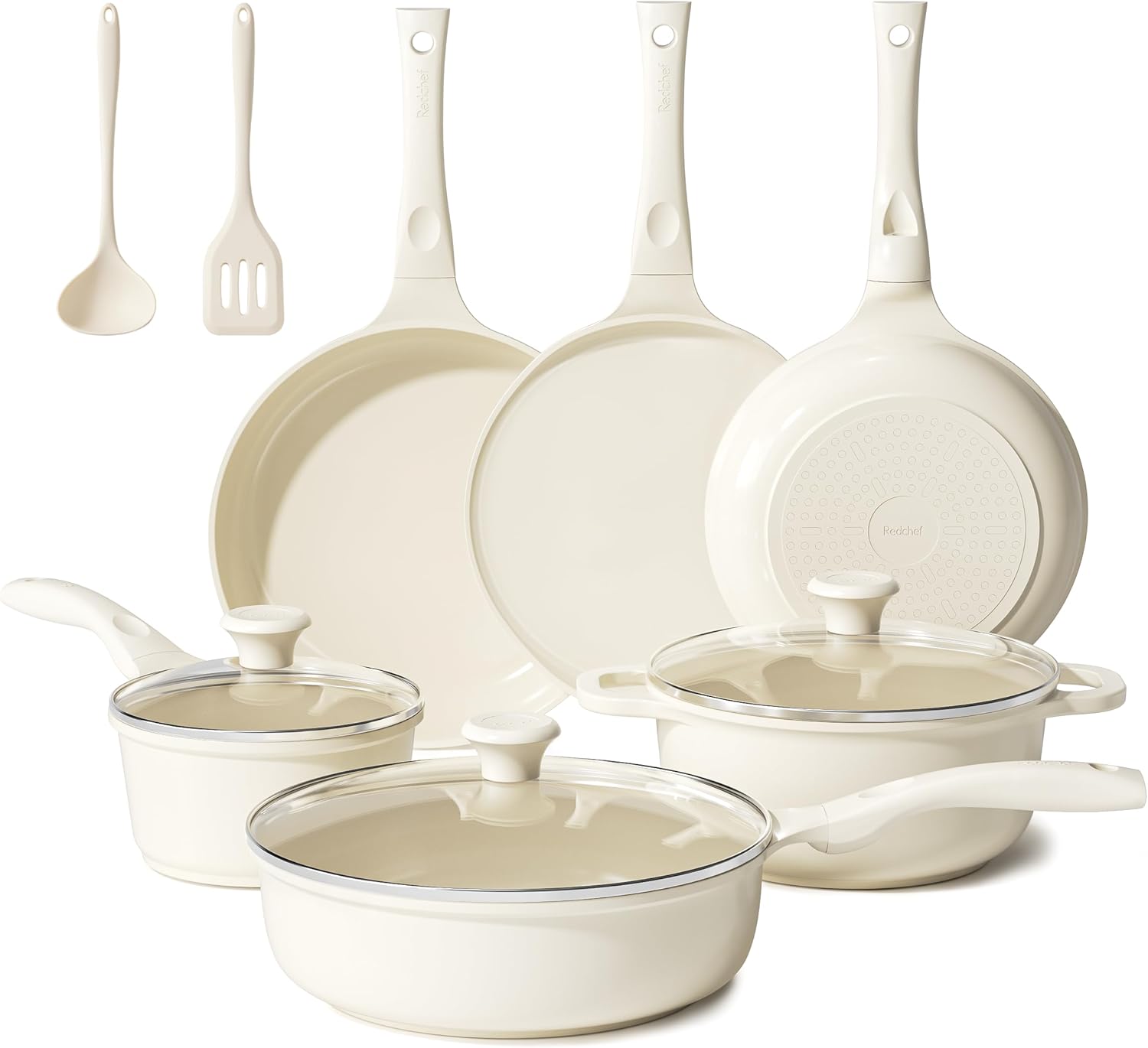 Redchef Keramik Topfset Induktion, Topfsets Pfannenset Kochgeschirr-Set 11-teiliges, Induktions Töpfe Set mit Glasdeckel, PTFE-frei PFAS-frei für alle Herdarten geeignet, Spülmaschinenfest (Beige)