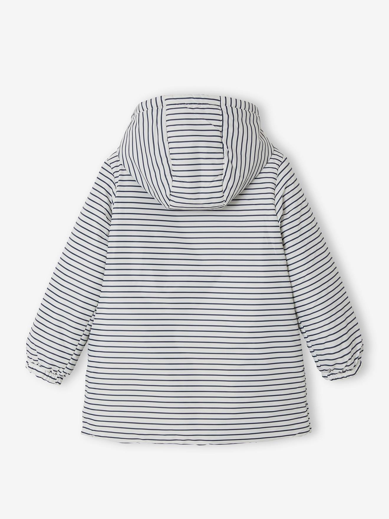 Jaqueta corta-vento com capuz reversível e enchimento de poliéster reciclado, para meninas, branca clara com listras.
