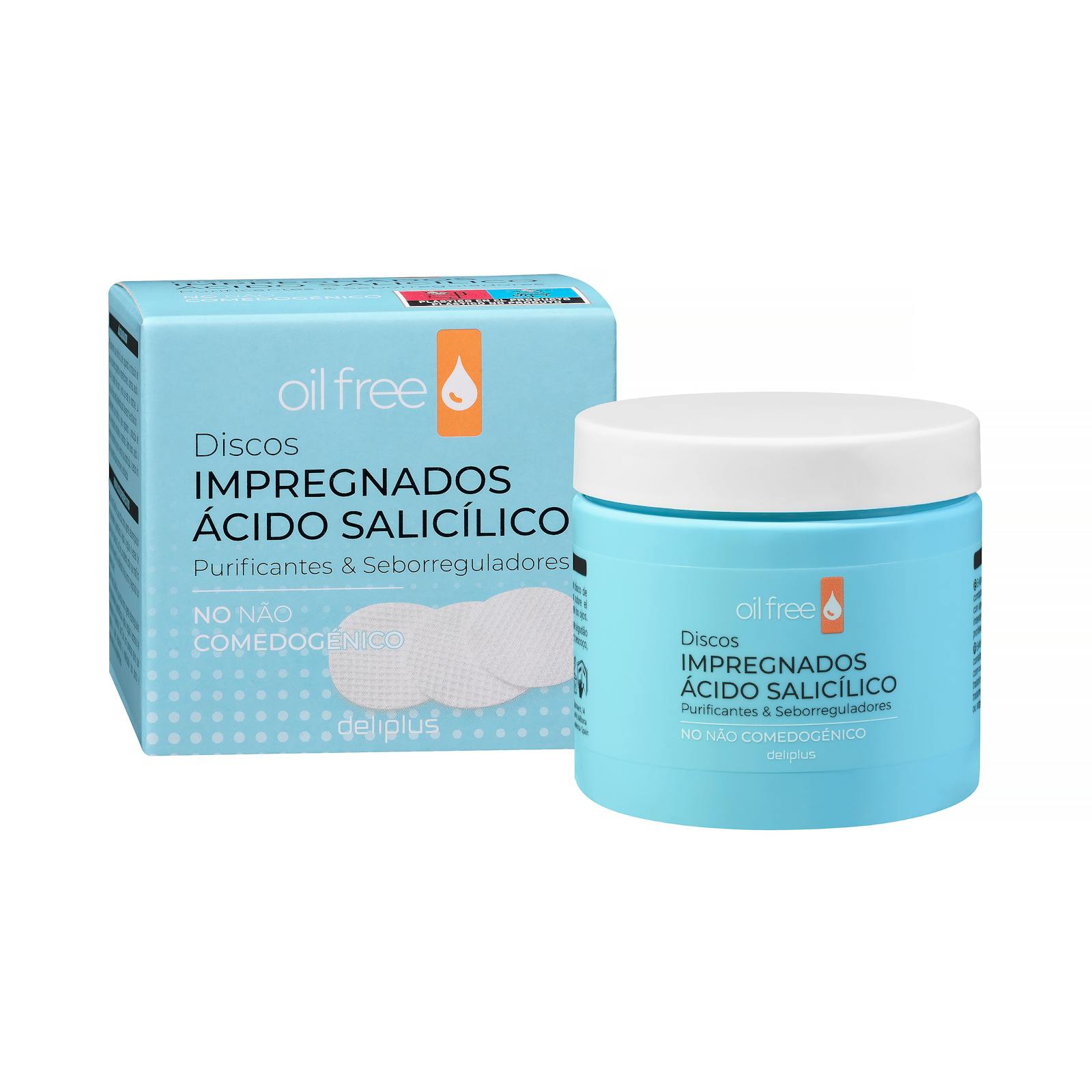 Disques imprégnés d'acide salicylique Deliplus Oil Free, purifiants et séborégulateurs.