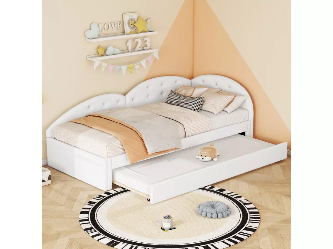 Lit gigogne 90 x 200 cm + 80 x 190 cm avec tête de lit - Cuir PU - sommier à lattes - coloris blanc