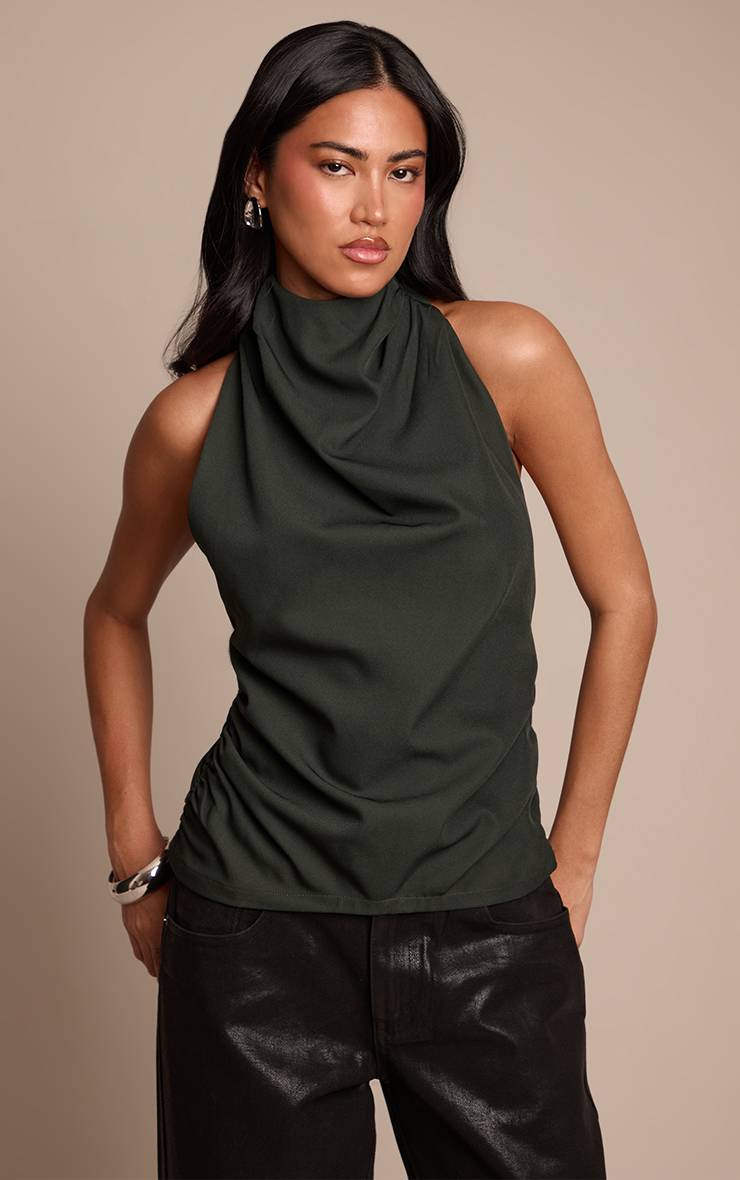 Forest Green Haut Tissé Col Montant Dos Nu