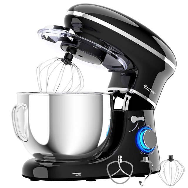 Batedeira de pedestal Costway de 6 velocidades, 660 W, com gancho para massa e batedor de arame, 6,3 qt (6,3 litros), branca.
