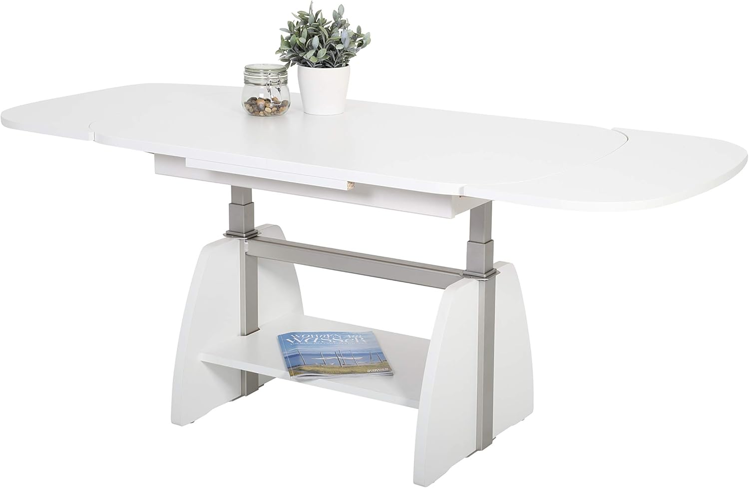 Hela Tische, Funktionscouchtisch Colin, Holzwerkstoff melaminbeschichtet, Dekor Weiß, Ablageboden, ausziehbar 107-156, höchenverstellbar mit Lift 53-69cm