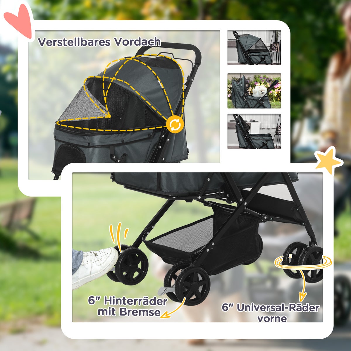 PawHut hondenbuggy, 76,5 L x 52 B x 95 H cm, staal, Oxford-stof, donkergrijs