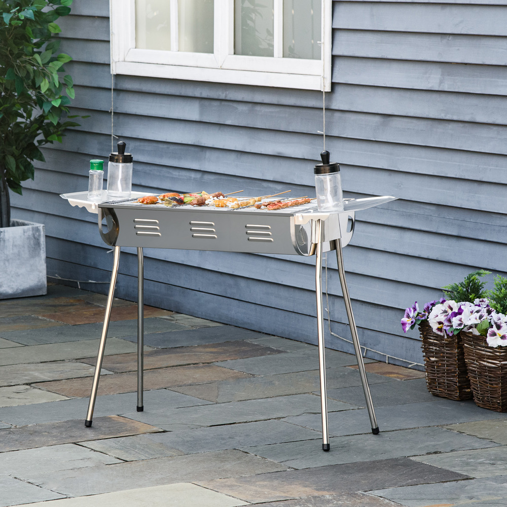 Barbecue à charbon portable bbq grill sur pieds 2 tablettes rabattables dim. 93l x 30l x 60h cm acier inox.