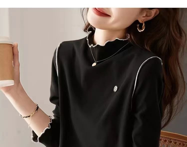Jeonseon - T-shirt met lange mouwen, hoge hals en contrasterende rand