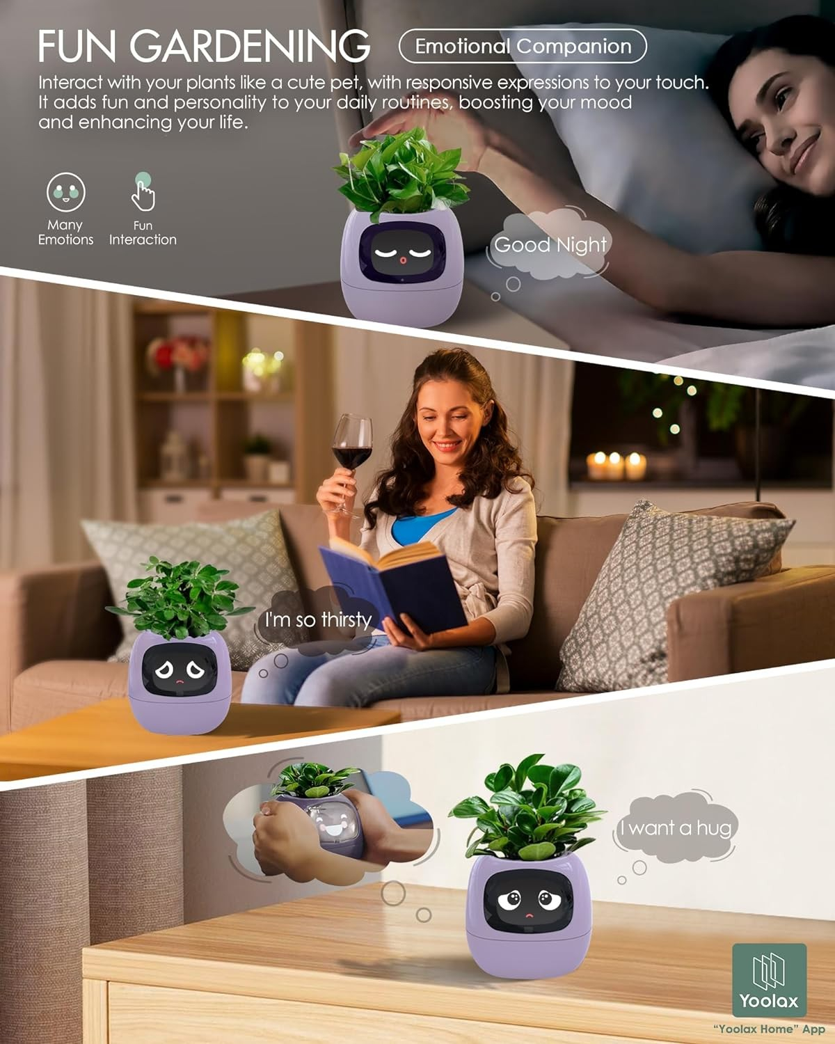 (9x9cm) Intelligenter Mini USB Blumentopf Home Deko Pflanzen Übertopf mit 40 Emotionen / LCD Display inkl. Kieselsteine (iOS/Android) - Ivy / Lila