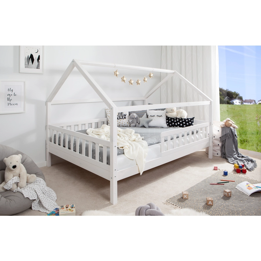 TICAA Kinderbett Hausbett Kay 140x200 Kiefer weiß Weiß
