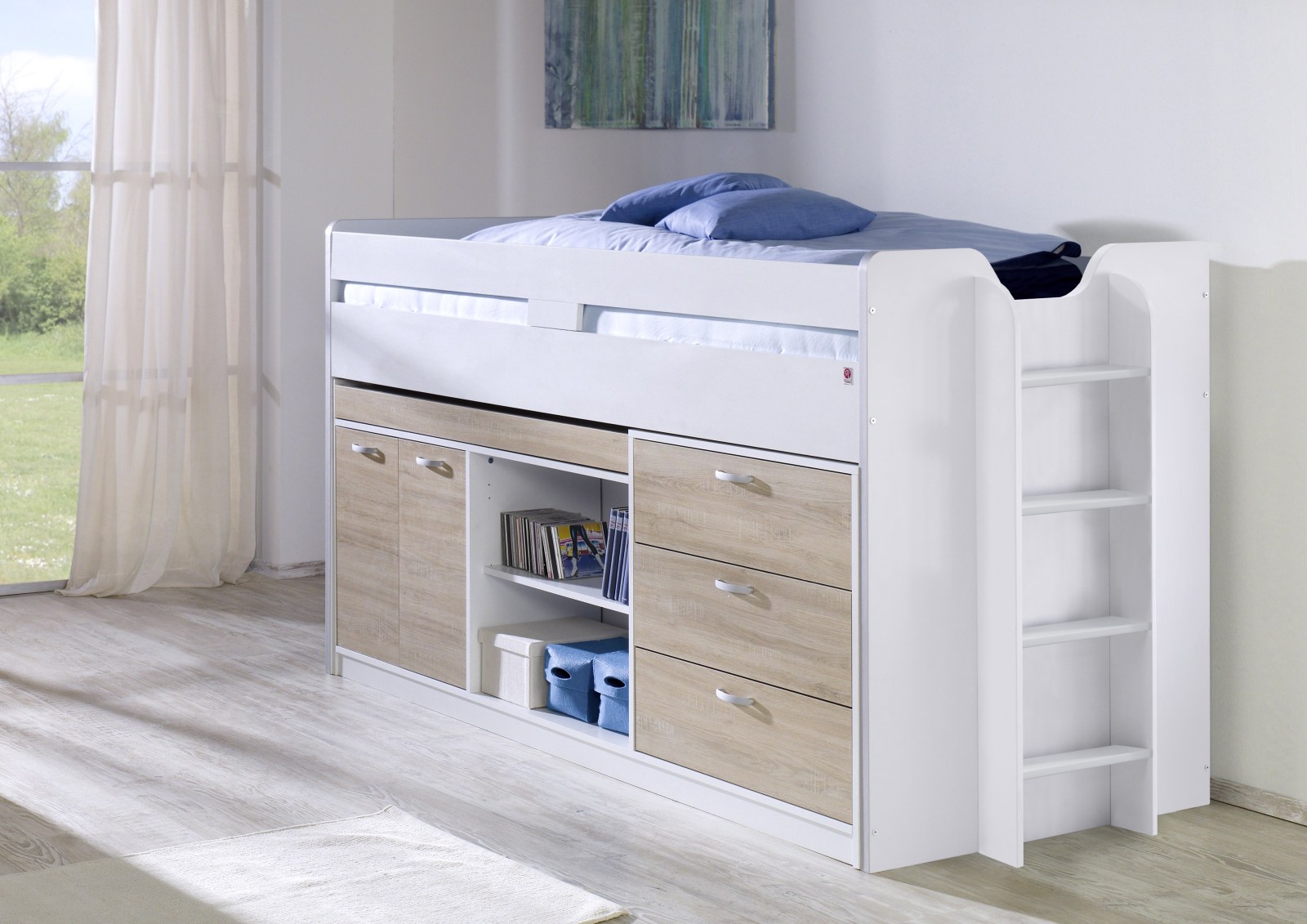 Funktionshochbett BONNY - Sonoma Eiche-weiß - 90x200 cm