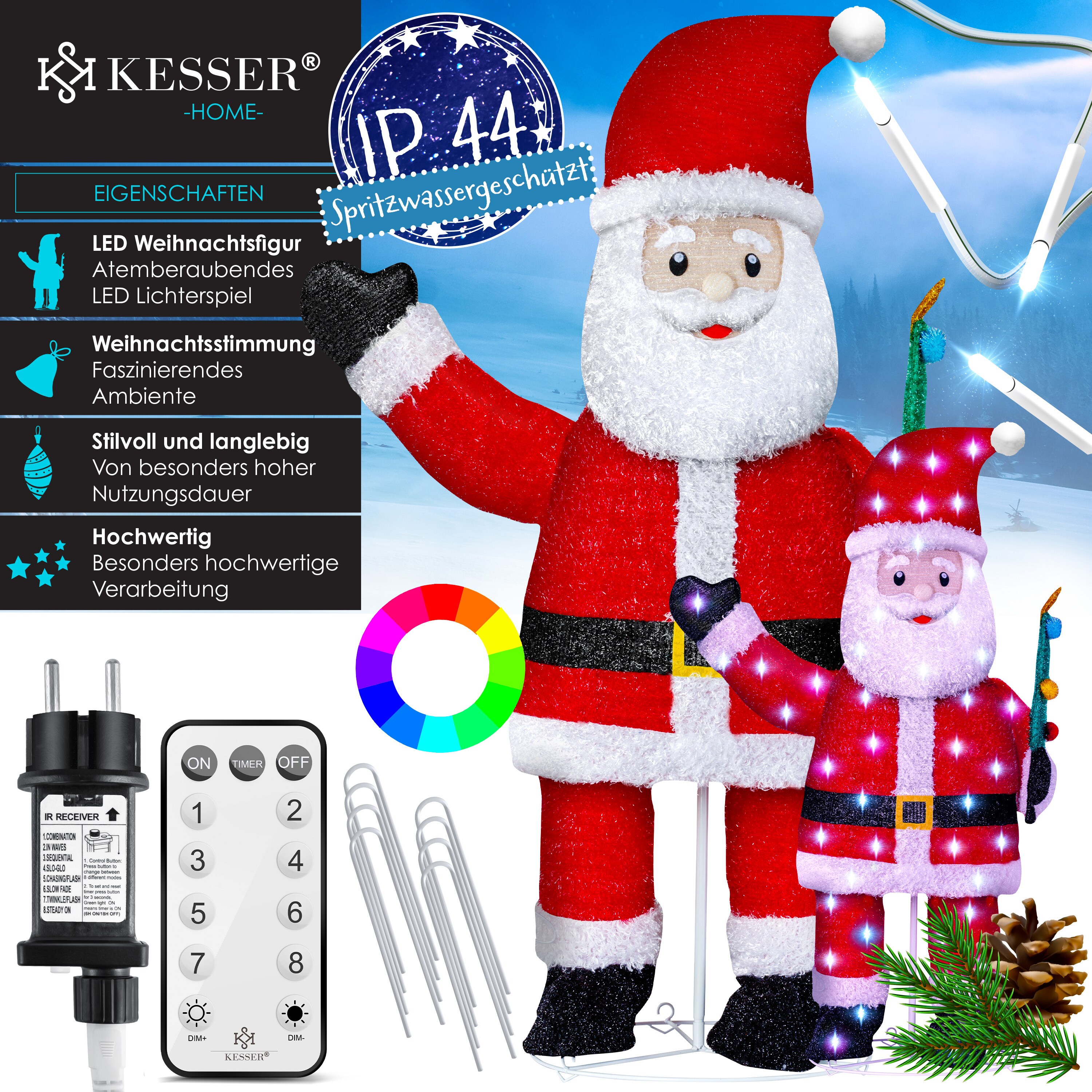 KESSER® LED Weihnachtsmann Santa mit Fernbedienung - Mit 8 Modi Bunter Farbspiel- Timer 24H Weihnachtsfigur Beleuchtet Weihnachtsdekoration für Indoor & Outdoor IP44 Weihnachtsbeleuchtung