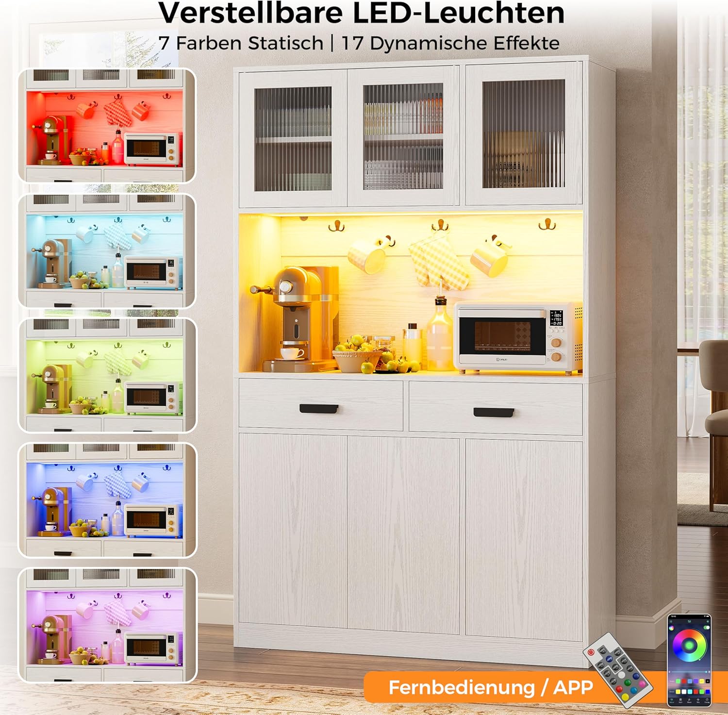 IRONCK Hocher Küchenschrank mit LED Beleuchtung & Steckdose USB Ladeports, Buffetschrank mit Arbeitsplatte 2 Schubladen Magnettüren Sideboard für Kaffeebar Küche Wohnzimmer Esszimmer 180x110x38cm Weiß