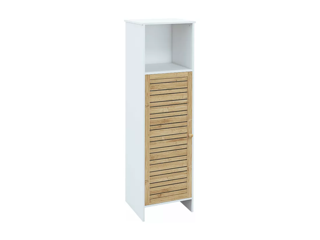 Meuble colonne salle de bain style cosy chic porte étagère niche blanc bambou