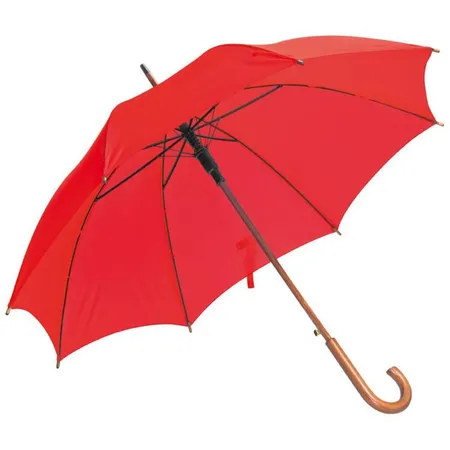Macma Automatik-Regenschirm mit gebogenem Holzgriff und Holzspitzen, rot