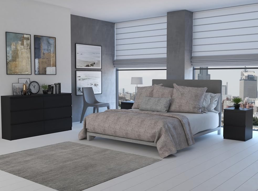 BDW - Kommode 140, Malwa M6 - Highboard 6 Schubladen - 140 cm - Für Wohnzimmer, Schlafzimmer oder Büro - Schlichtes und minimalistisches Design - Schwarz