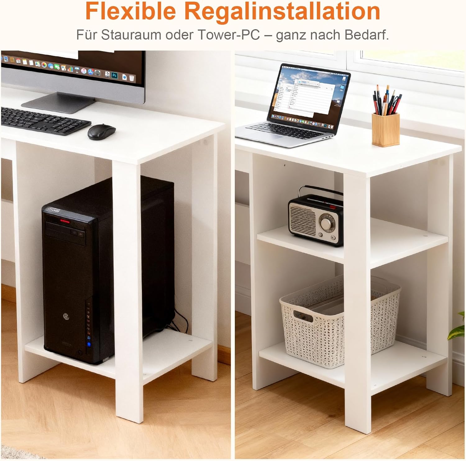 Sweetcrispy L-Form Schreibtisch mit Regal & Schrank, 130x130x74cm Eckschreibtisch, Starker Gaming Tisch mit Ablageflächen, Einfacher Montage, Weiß