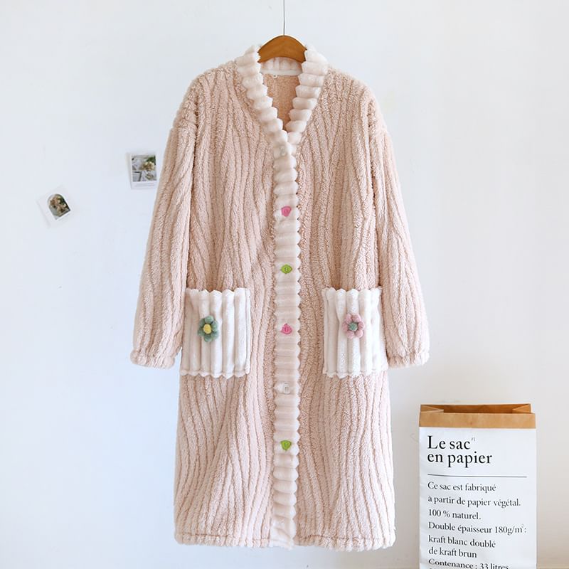 Somnus - Pyjamajas met knopen en knopen van koraalfleece met V-hals