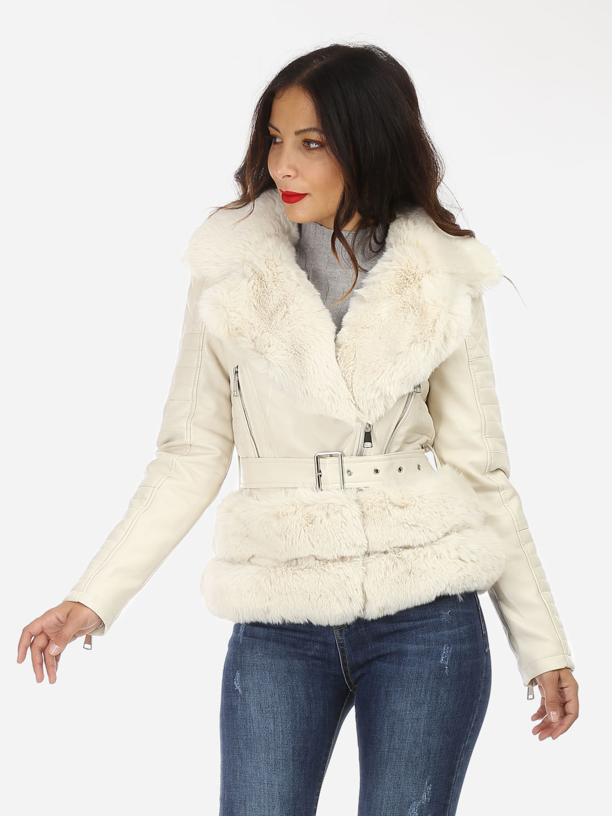 Blouson simili et fausse fourrure- Beige