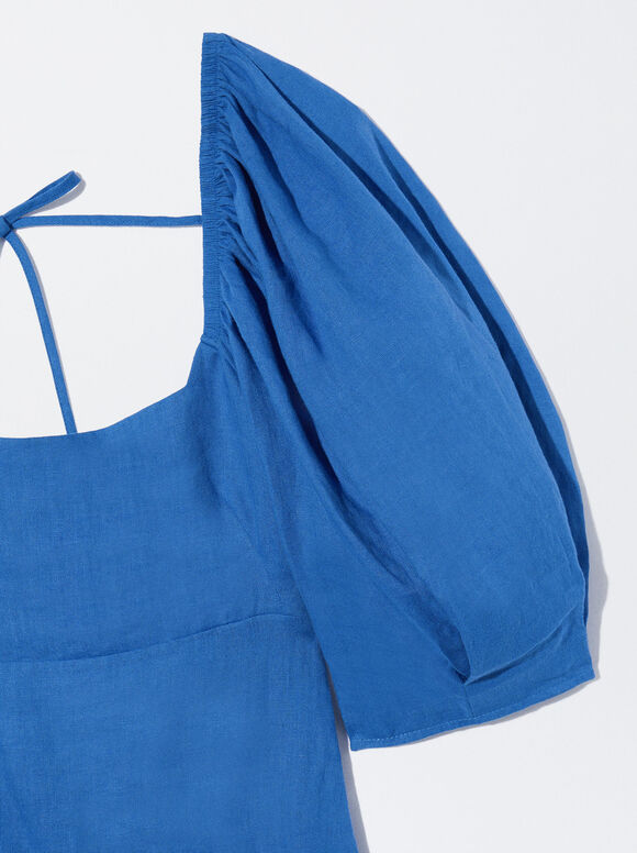 Vestido de linho com mangas bufantes - Azul