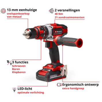 Einhell 18V klopboormachine TE-CD 18/48 LI incl. 2 accu's 2.0Ah + lader + koffer
