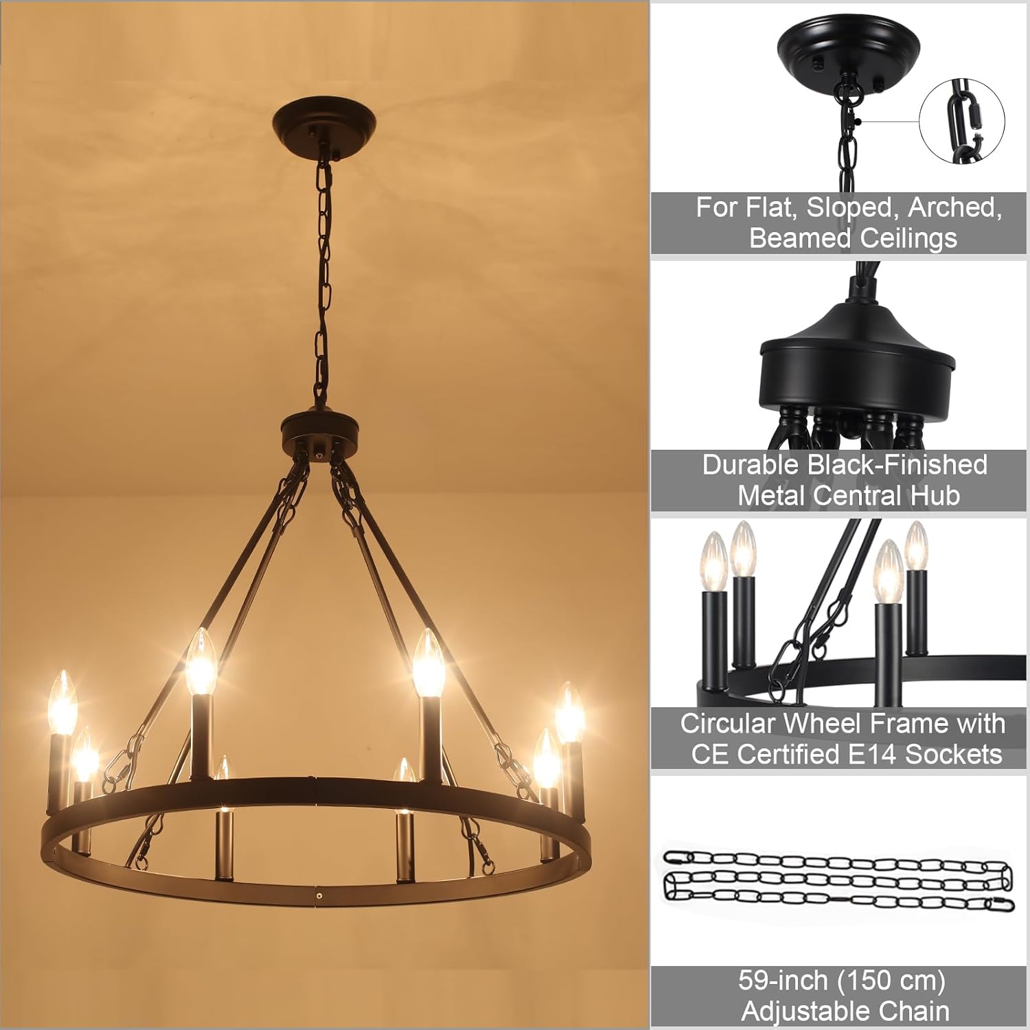 Kronleuchter Schwarz, 8 Flammig Wagenrad Kronleuchter Vintage im Landhausstil, Industrial Rustikal Hängelampe Lüster Pendelleuchte für Wohnzimmer, Esszimmer, Küche, Schlafzimmer, Flur