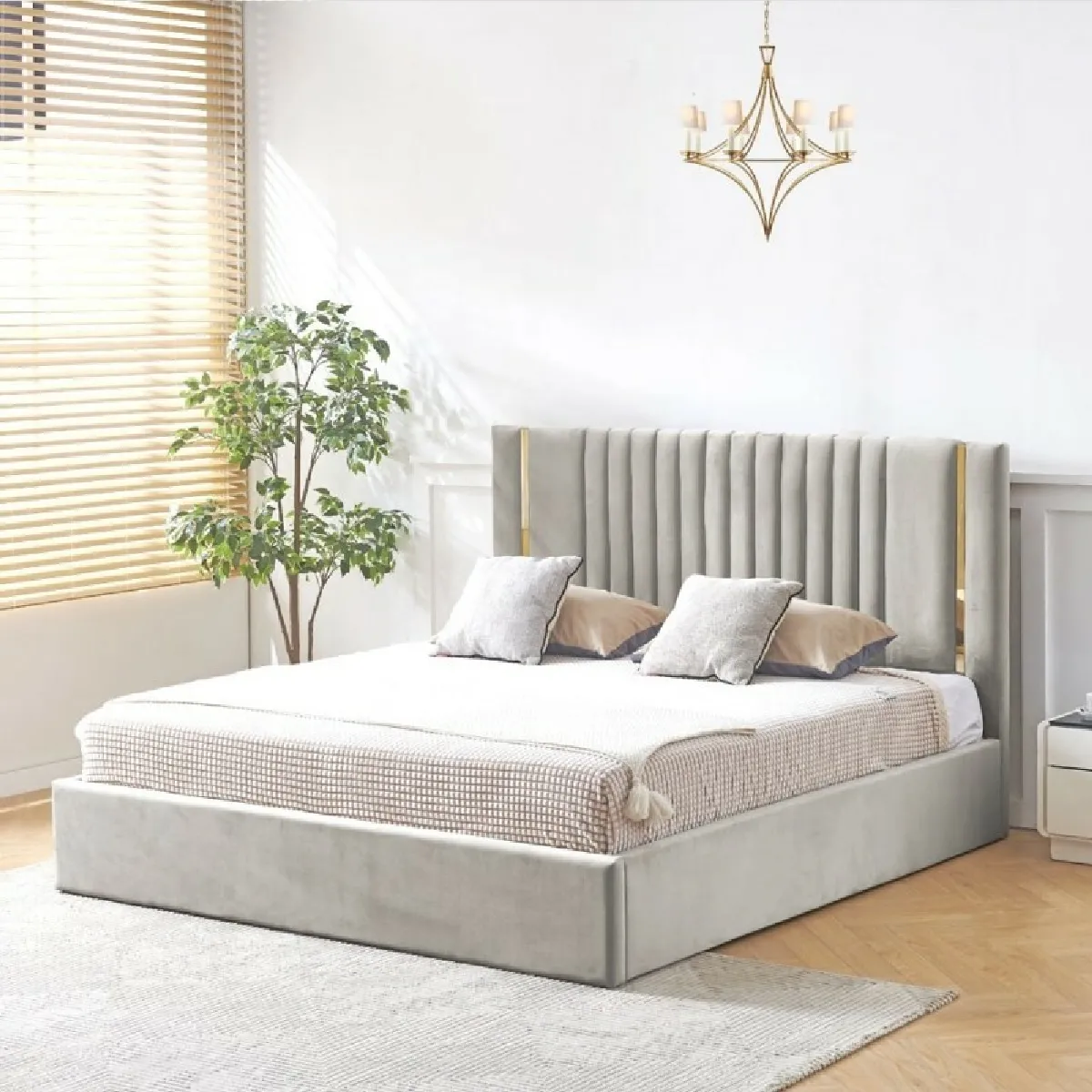 MEUBLER DESIGN Lit Coffre Kaufman - Velours Gris 180x200 cm