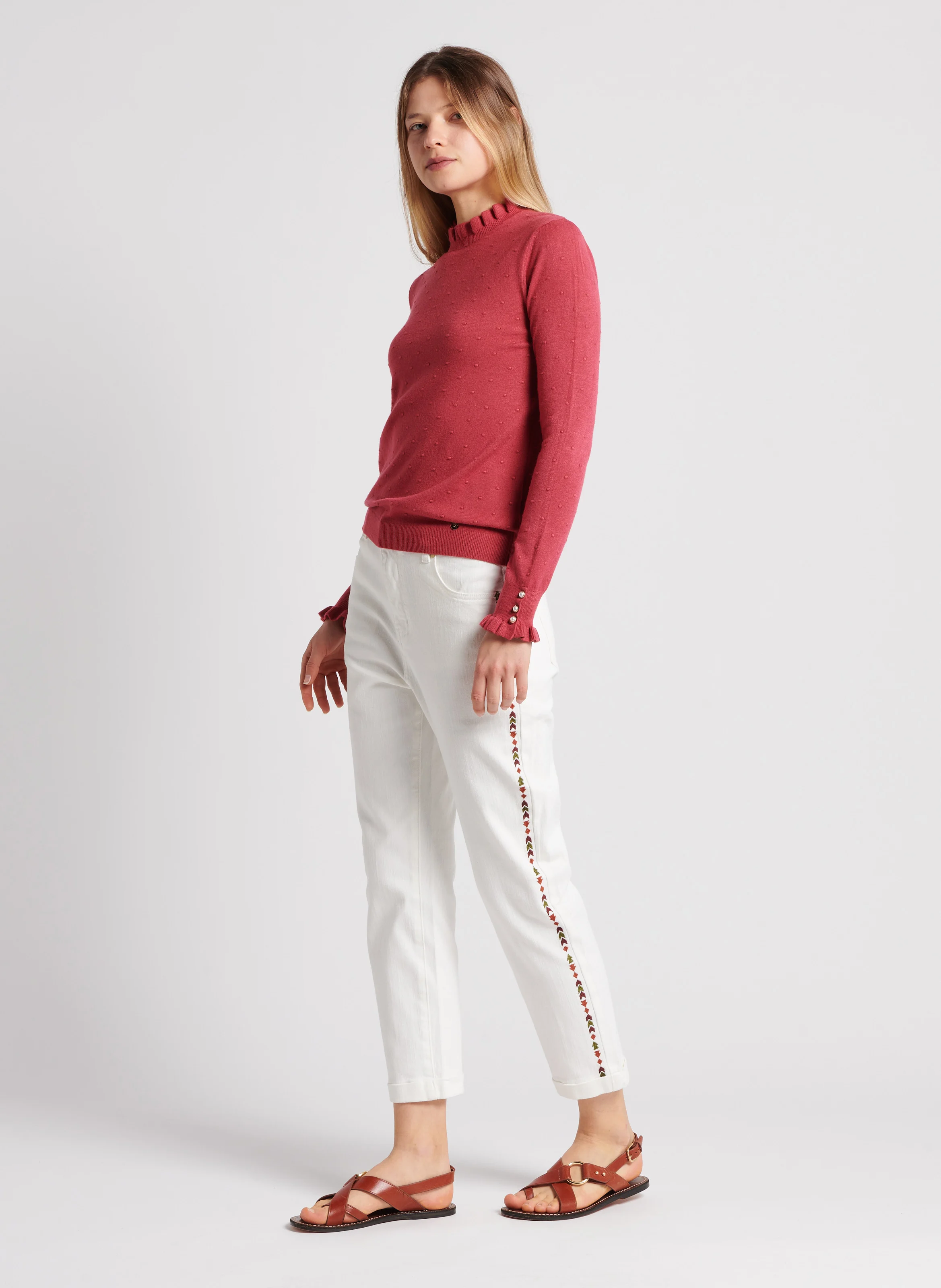 SOLFERINO - Pull col rond jacquard à volants | Rose