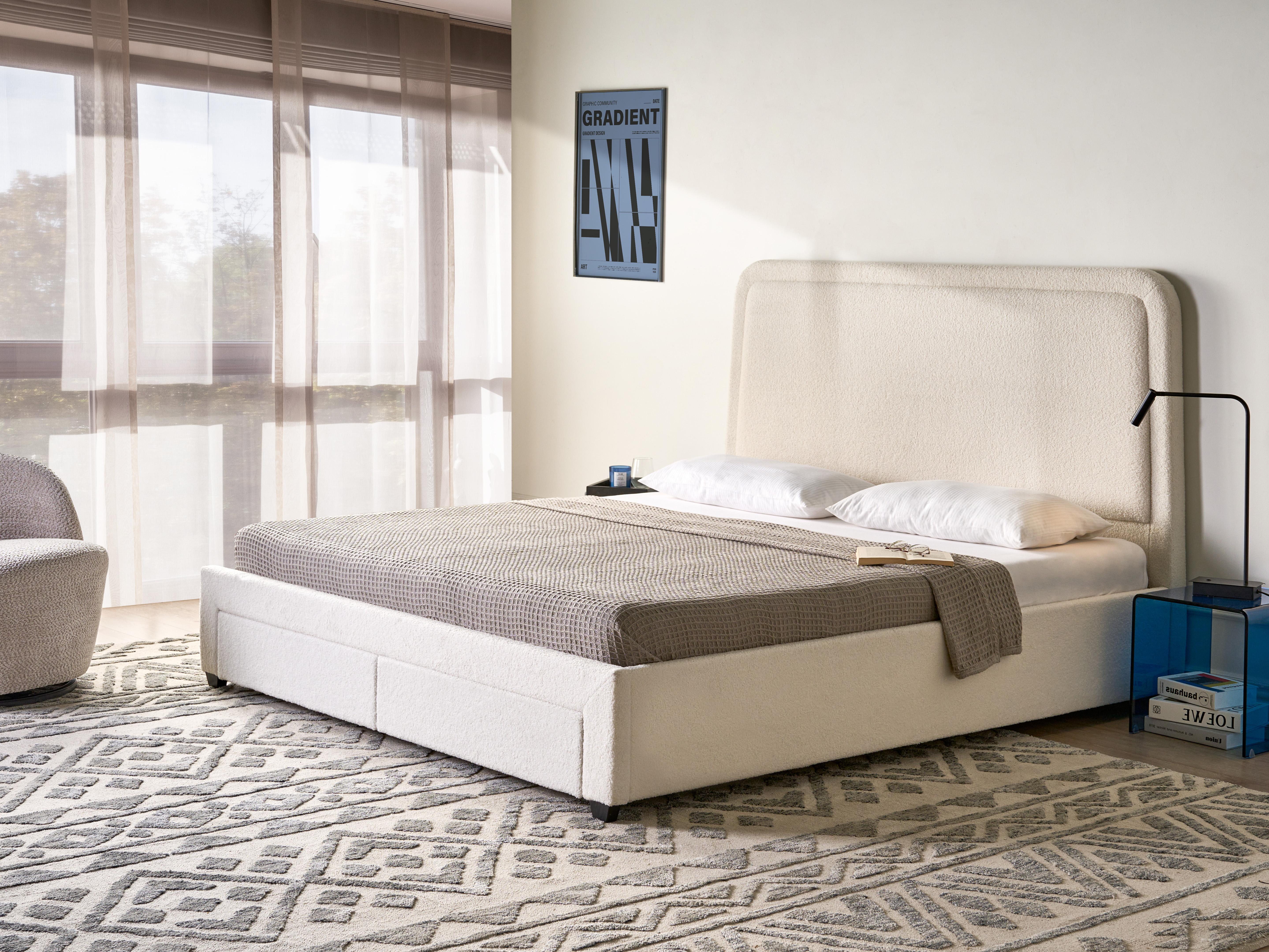 Bed met opbergladen Bouclé SARDENT 180 x 200 cm Gebroken wit