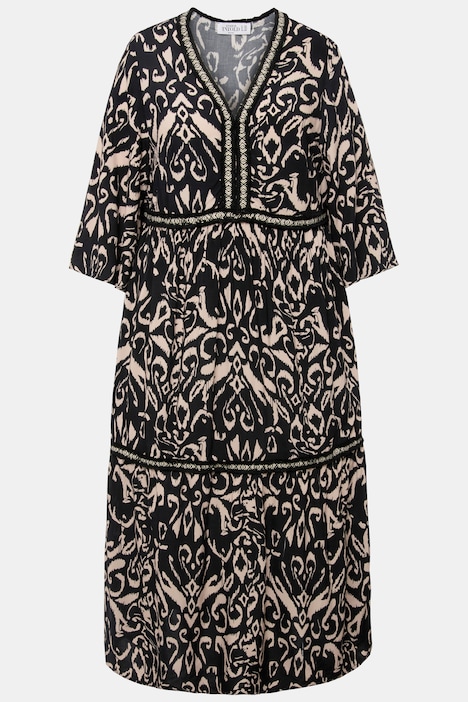 Maxikleid, Black&White Print, Ziertapes, V-Ausschnitt, 3/4-Ärmel