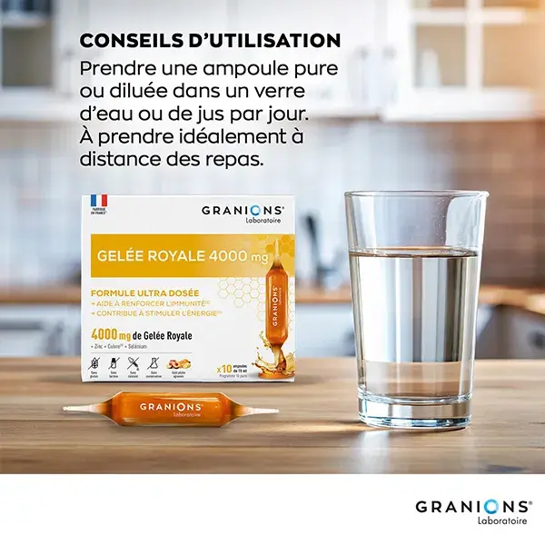 Geleia Real Granions 4000 mg, Reforça a Imunidade, Antifadiga - 10 Ampolas