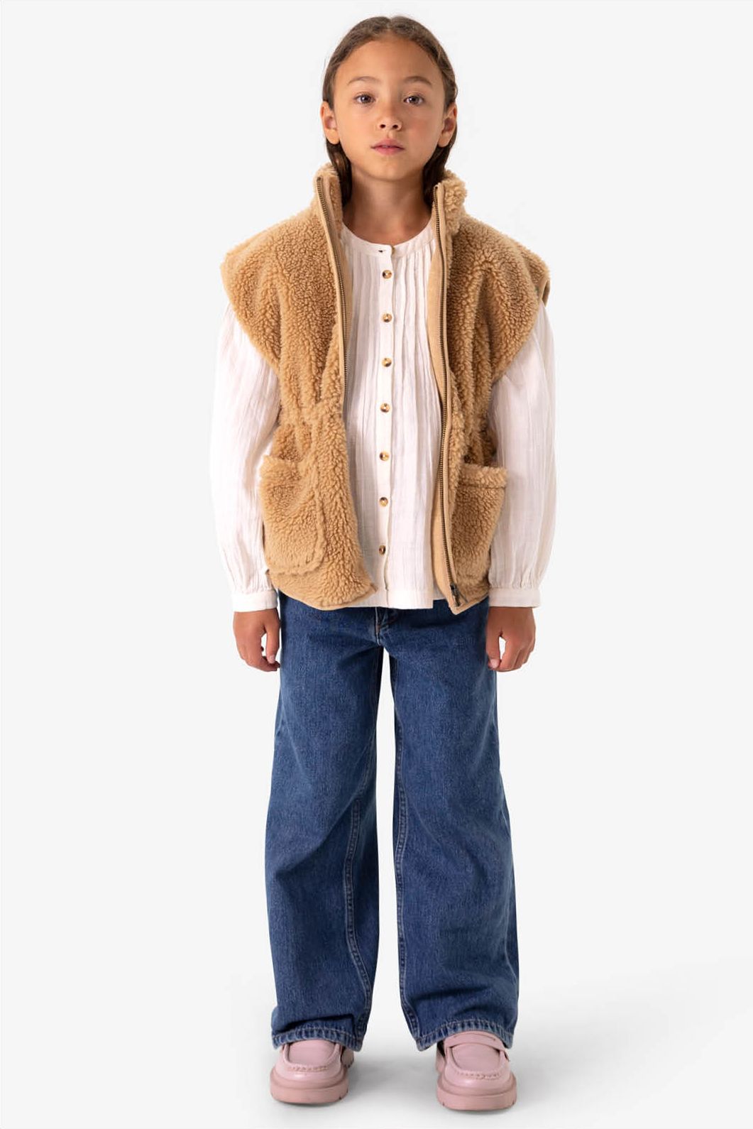 Lichtbruine teddy gilet met aantrekkoord