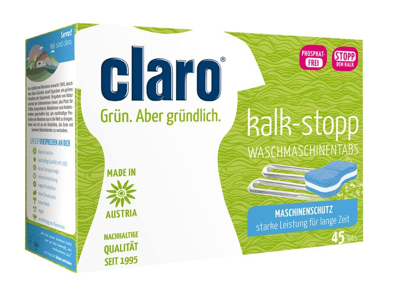 claro Öko Kalk-Stopp Tabs 45 Stück Vegane und phosphatfreie Kalkreiniger Tabs für die Waschmaschine