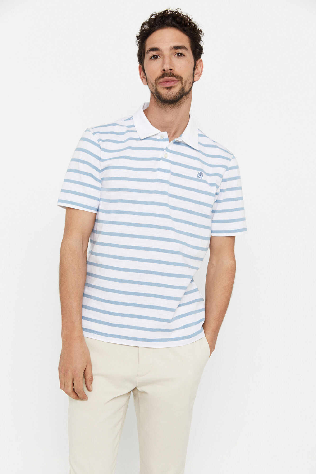 Camisa polo listrada em tecido texturizado - Azul