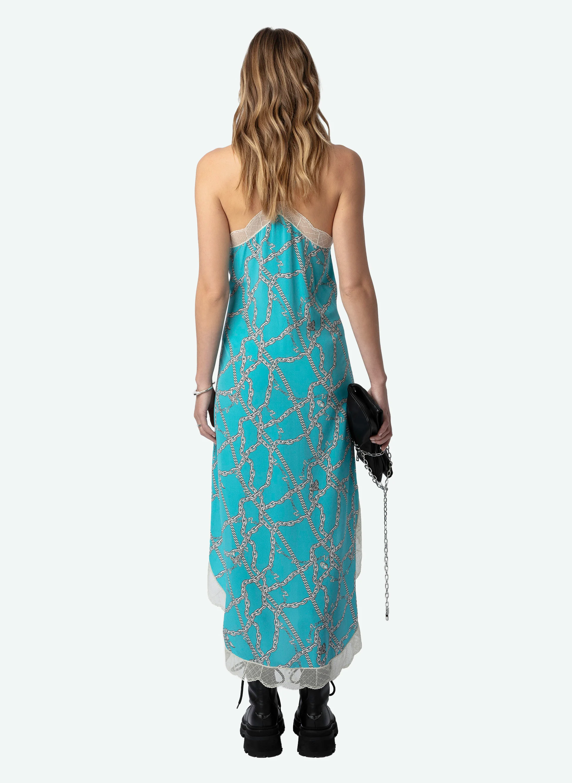 RISTYL - Robe longue imprimée à dentelle en soie | Bleu
