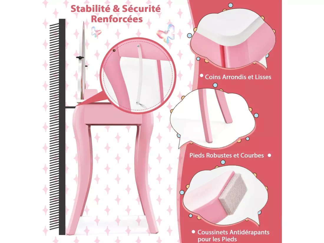 2 en 1 Coiffeuse Enfants avec Tabouret & Tiroir, Table de Maquillage avec Miroir Rotatif à 360° et Double Face, 4 Marqueurs, Dispositif Anti-basculement, Charge 70/50kg pour 3 Ans+ (Rose)…