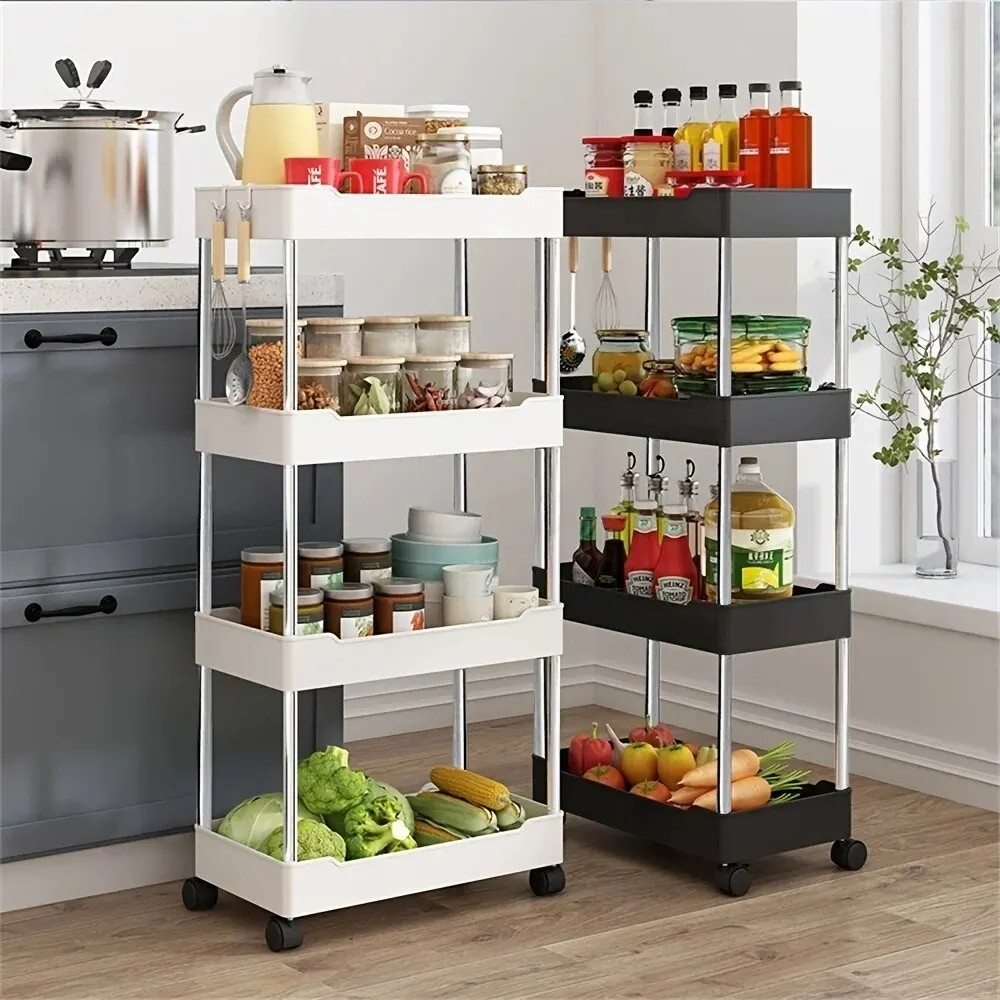 (97x40x15cm) Mobiler Rollwagen Home Regal Aufbewahrungs Organizer mit 4 Ebenen für Küche / Badezimmer / Büro - Weiss