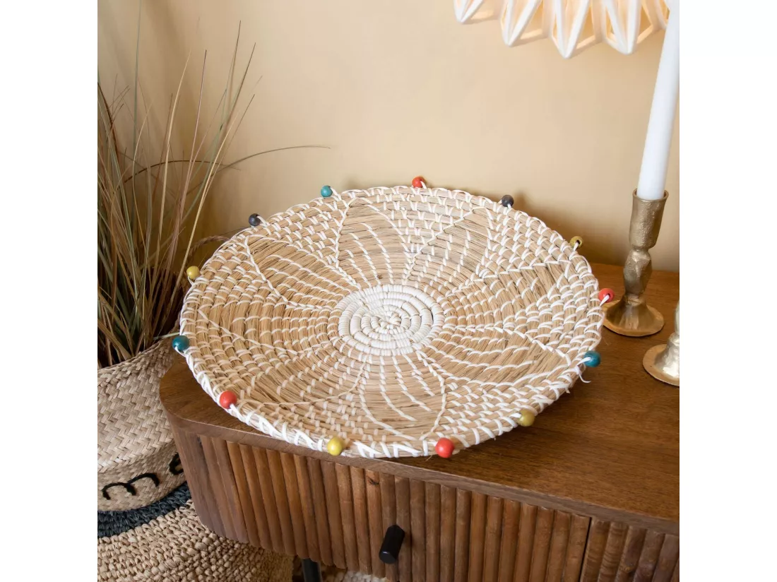 Now's Home - Panier Rond En Jonc De Mer Et Perles De Bois D40xh5cm Milos
