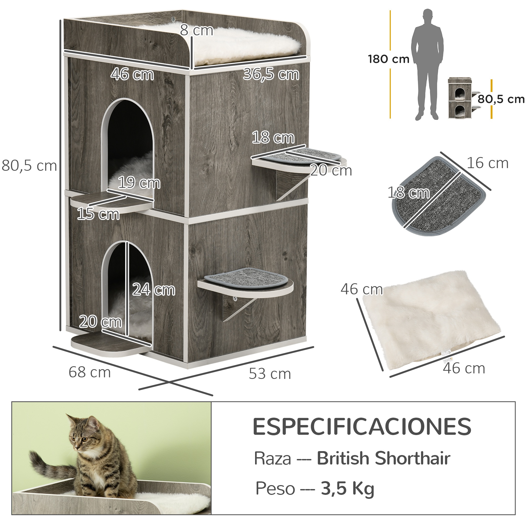 Casinha de madeira para gatos Pawhut, em formato de barril, com 3 almofadas, 2 orifícios frontais e 2 plataformas laterais, 68 x 53 x 80,5 cm, cinza.