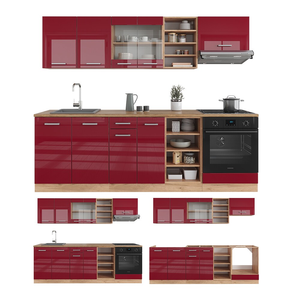 Vicco Küchenzeile Küchenblock Einbauküche R-Line 240 cm Eiche Bordeaux Hochglanz