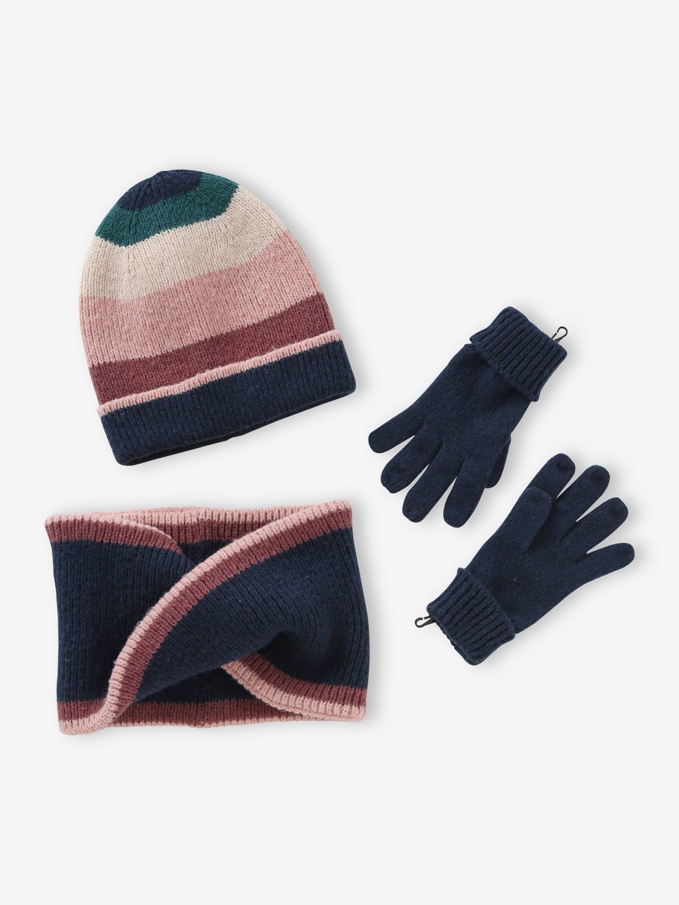 Look feminino: chapéu + gola alta + luvas ou mitenes azul-marinho com blocos de cor
