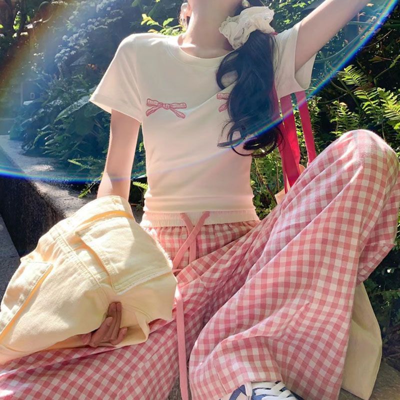 Inchioh - High Rise Gingham Wide Leg Pants