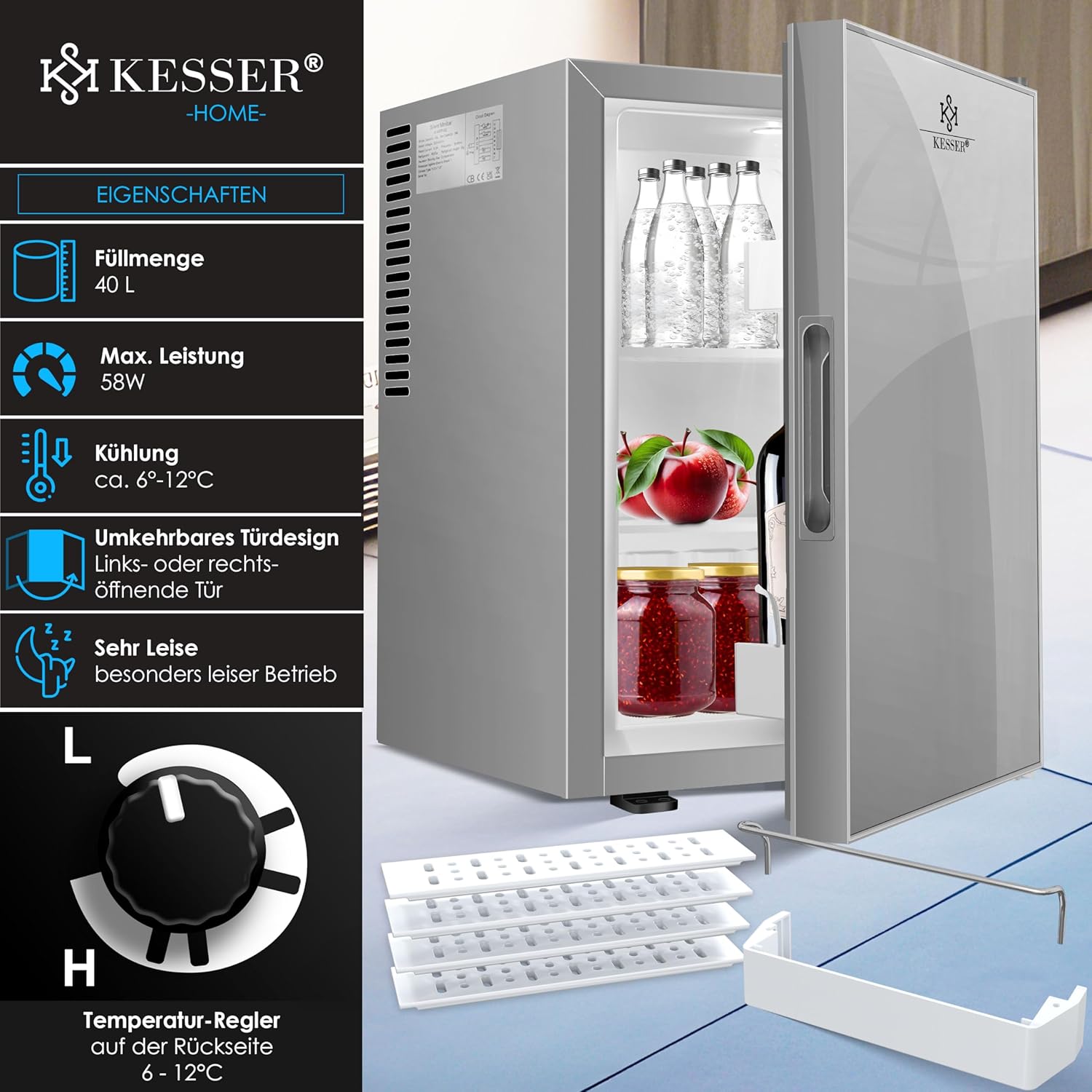 KESSER® Mini réfrigérateur avec Serrure, Mini Bar de 40 l, Silencieux, 22 DB, verrouillable, Chambre à Coucher, butée de Porte Amovible, env. 4 à 16 °C, Hauteur 57 cm, éclairage intérieur