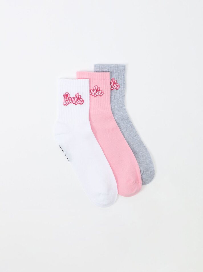 Pacote com 3 pares de meias com estampas da Barbie - Cores Variadas