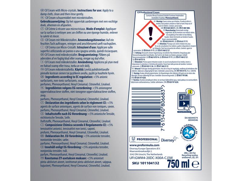 Diversey Pro Formula Küchenreiniger Cif Professional Cream Dickflüssige Scheuermilch für Küche und Bad